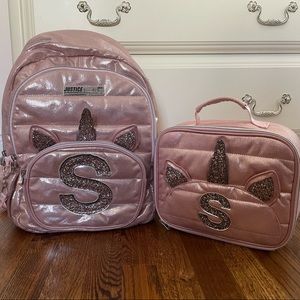 Justice "S" initial unicorn backpack & lunchbox